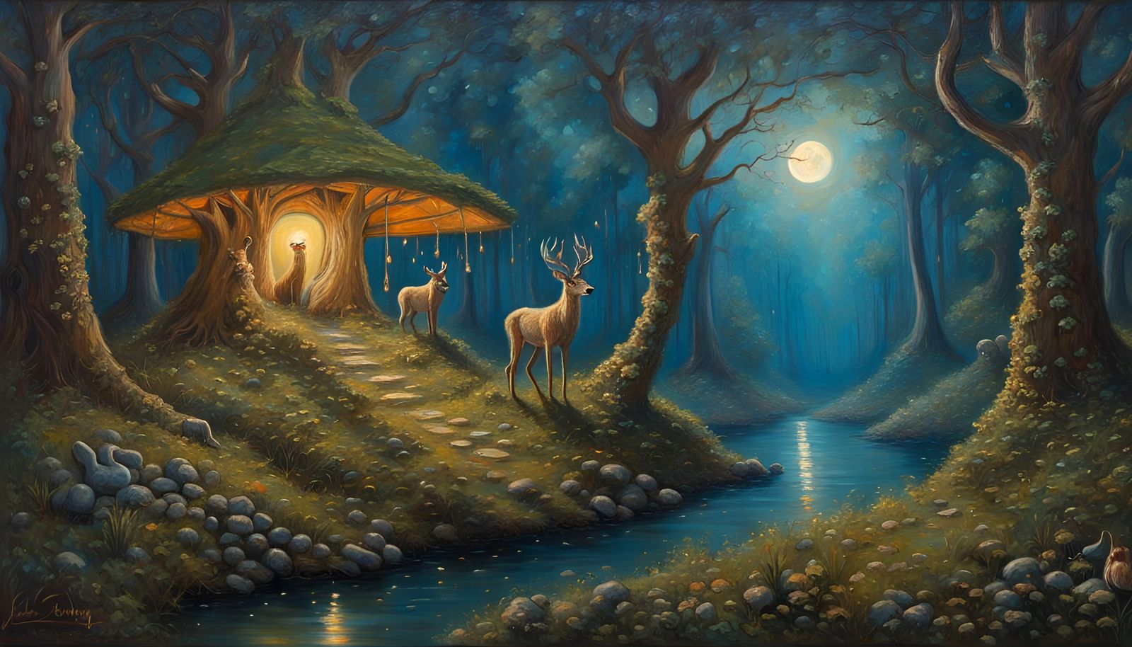 Enchanted Forest with Glowing Elements as Oil Painting
