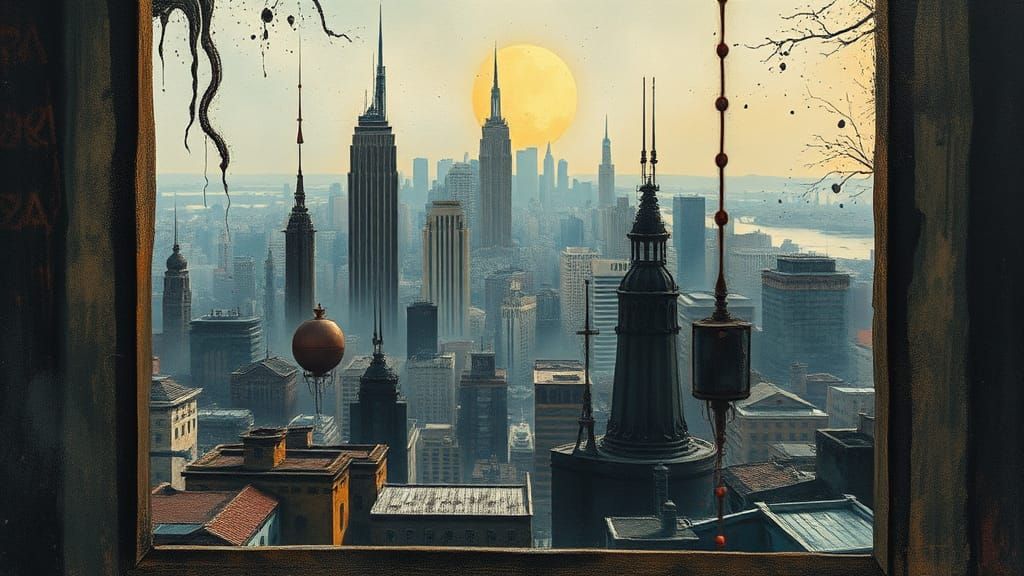 Dystopian Cityscape: Surreal Shonen Anime Impasto Painting