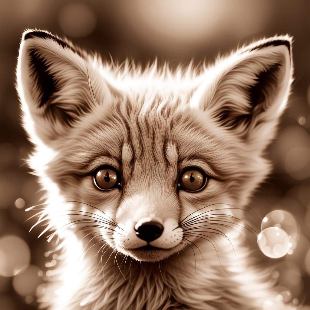 Cute Baby Fox Sepia Art Illustration