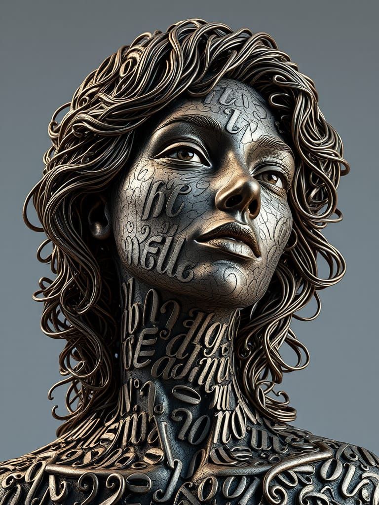 Serene Metallic Calligraphy Portrait in Hyperrealistic Style