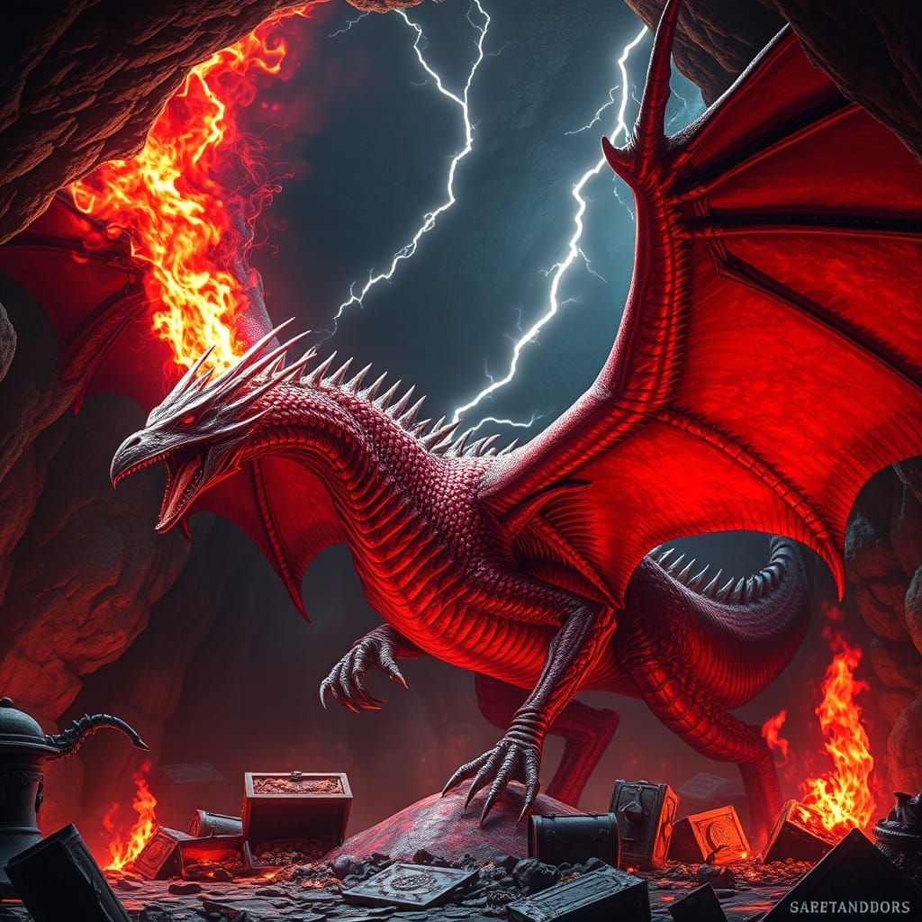 Ethereal Dragon Unleashes Fiery Fury Amidst Ancient Treasure