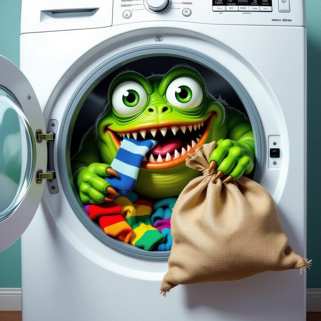 Comic Style Monster with Sock in Dryer