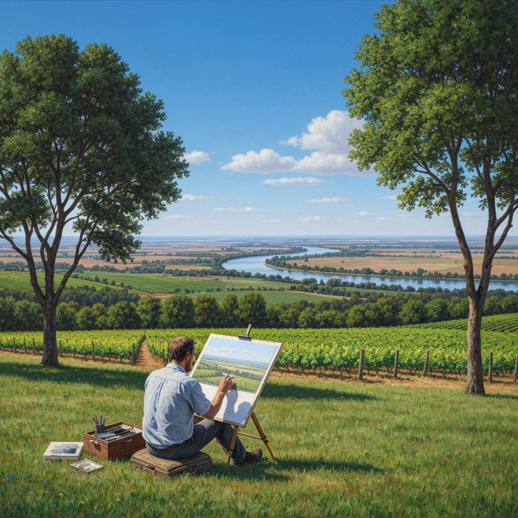 Artist Sketches Verdant Hilltop Overlooking Sun-Drenched Pla...