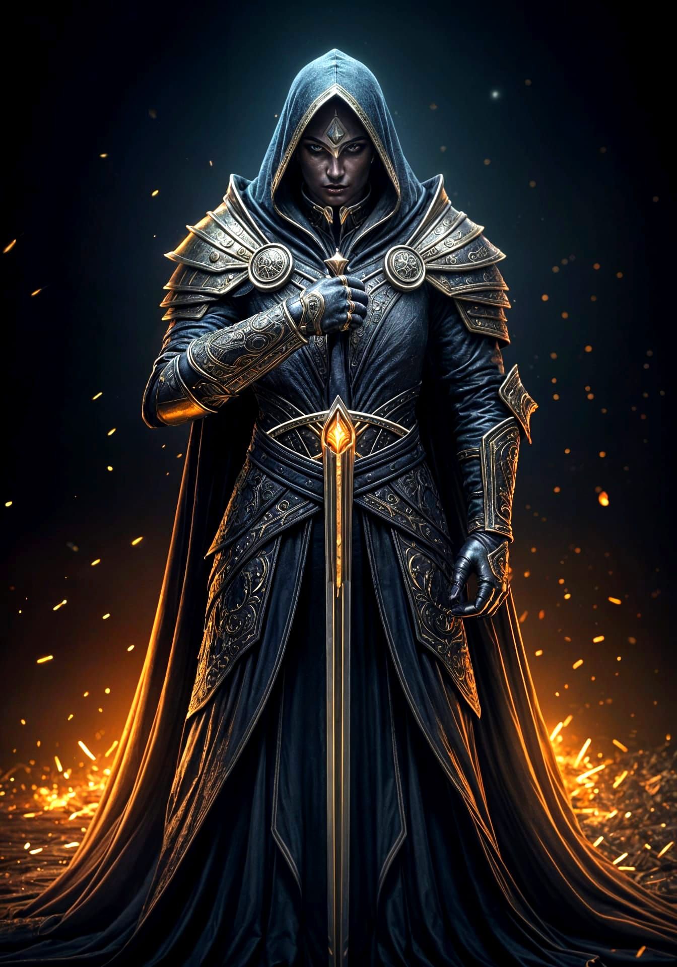 Elegant Armored Figure Wields Sword in Mystical Atmosphere