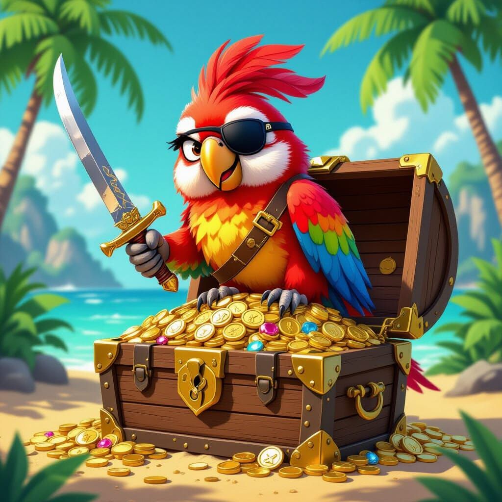 Parrot Pirate Guarding Treasure in Disney Animation Style
