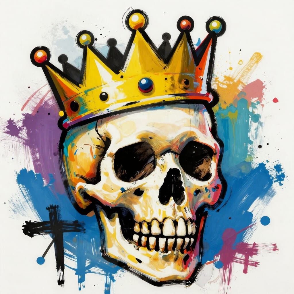 Basquiat Style Skull and Crown with Urgent Energy