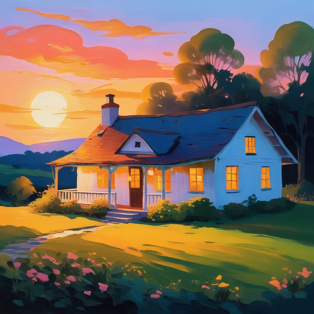 Impressionist Cottage at Sunset in Gouache