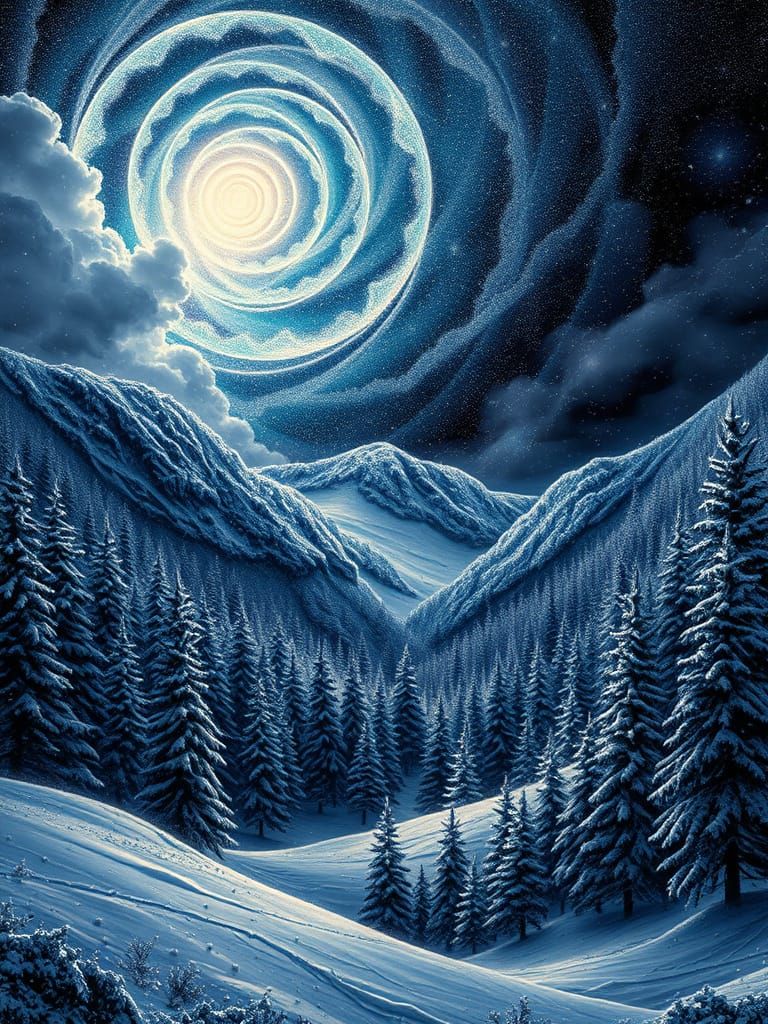 Gigantic Snowflake Blizzard Within Silvery Aurora Over Fores...