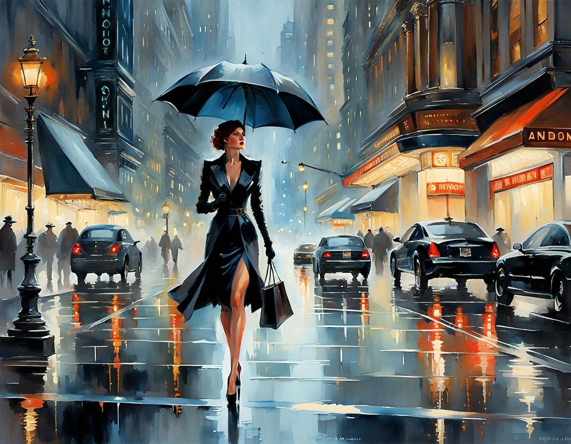 Rainy Night in Modern City: Watercolor Art