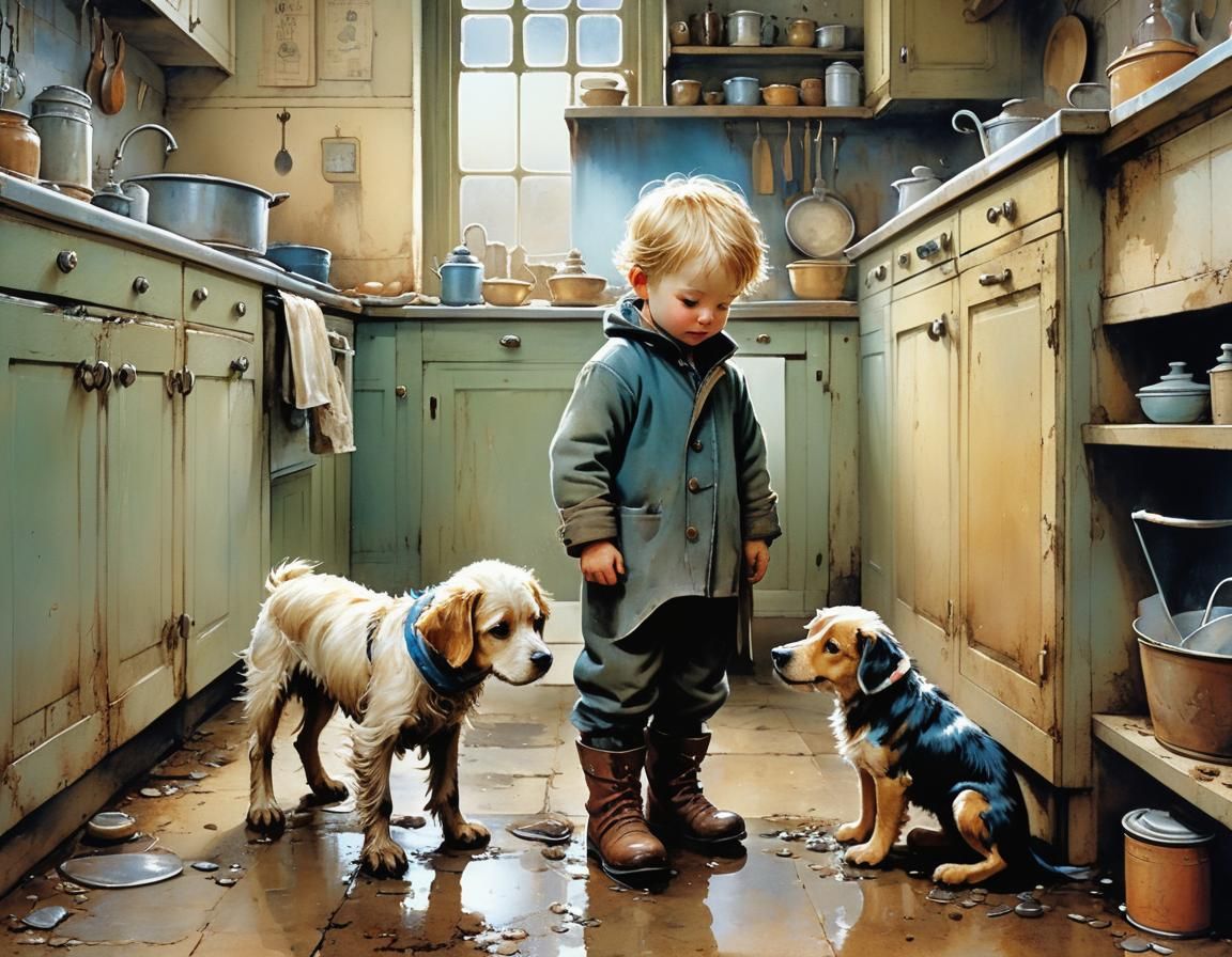 Toddler and Dog in Kitchen: Intricate Detailed Art