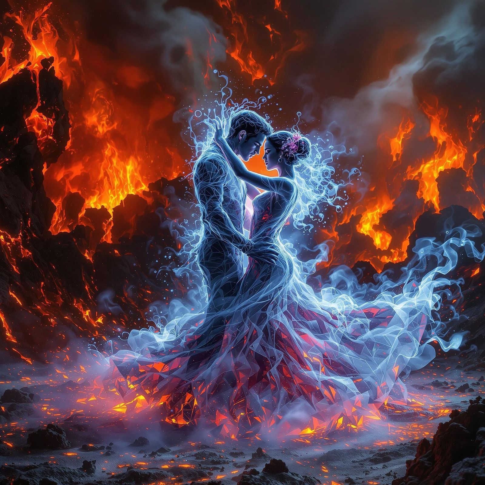 Surrealistic Volcanic Dancers in Neon Digital Art