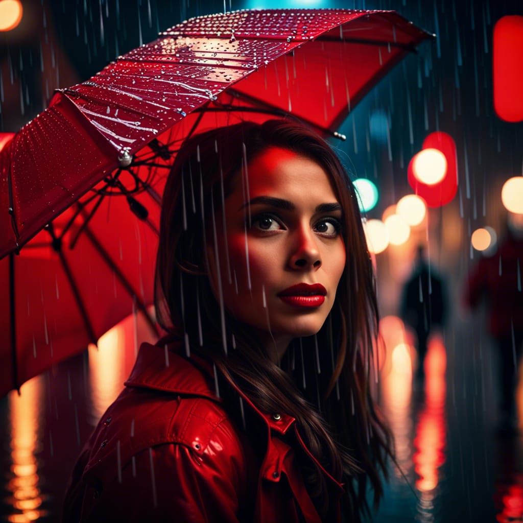 Woman with Red Umbrella in Rainy City at Night