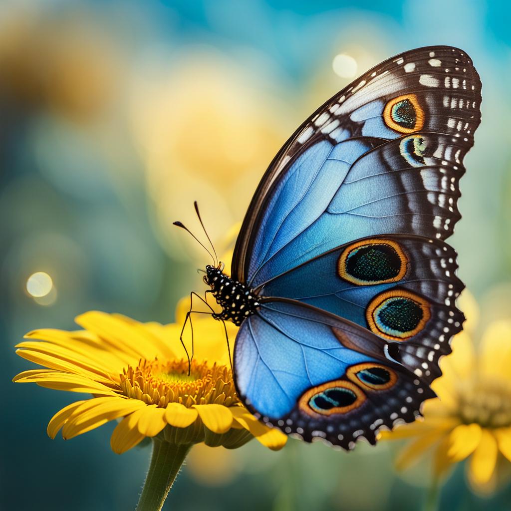 Blue Morpho Butterfly on Yellow Daisy: Macro Wildlife Photog...