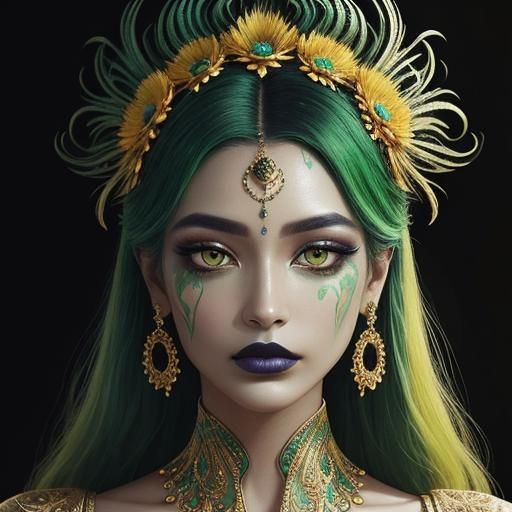 Abstract Portrait: Woman with Gold Skin and Peacock Feathers