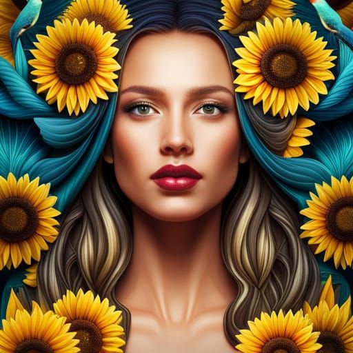 Woman with Sunflowers: Surreal Impressionistic Portrait