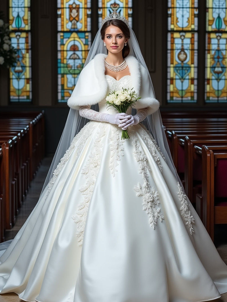Elegant Bride in White Satin Gown with Lace Veil