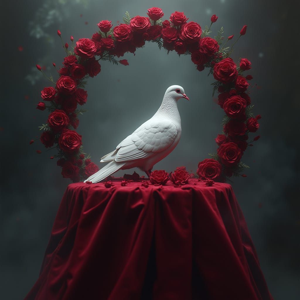 Surreal Dove Amidst Crimson Roses in a Dreamlike, High-Contr...