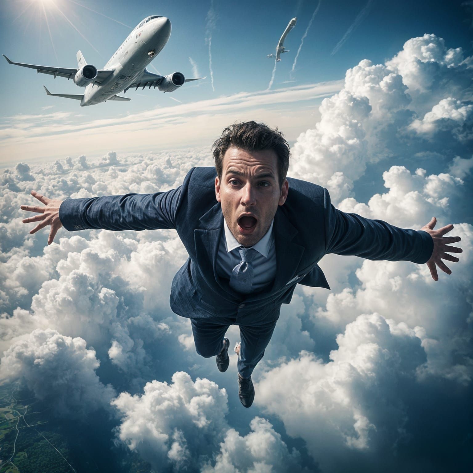 Man Falls Through Cloudy Sky, Jet Flees Above