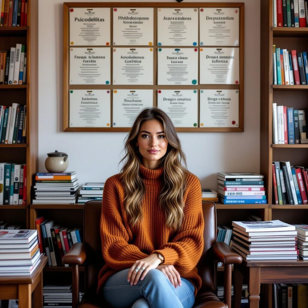 Woman in Serene Setting Surrounded by Addiction Recovery Mat...