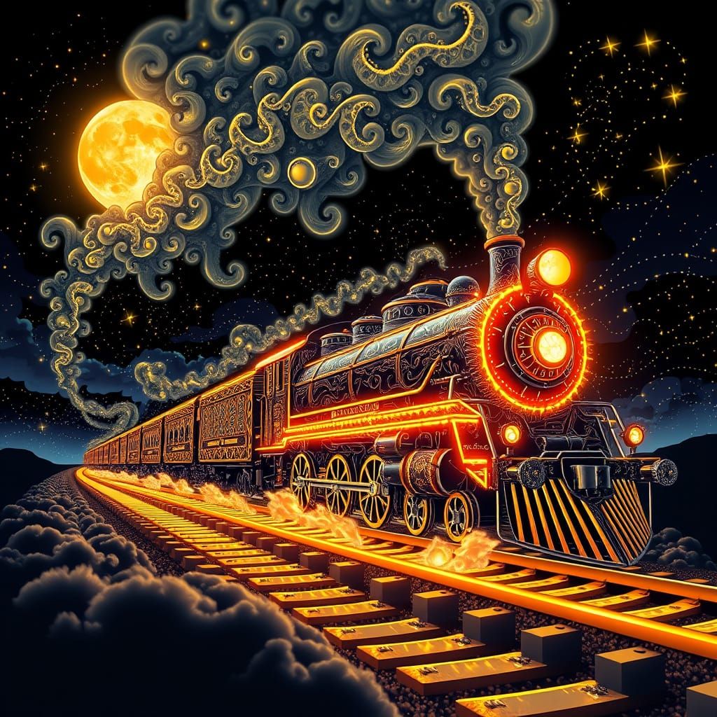 Vibrant Purple Train Glows in Night Sky with Stars and Moon