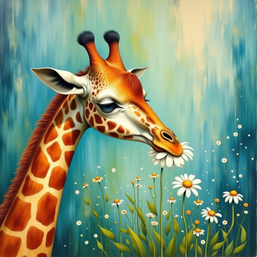 Realistic Painting of Giraffe Examining Daisy