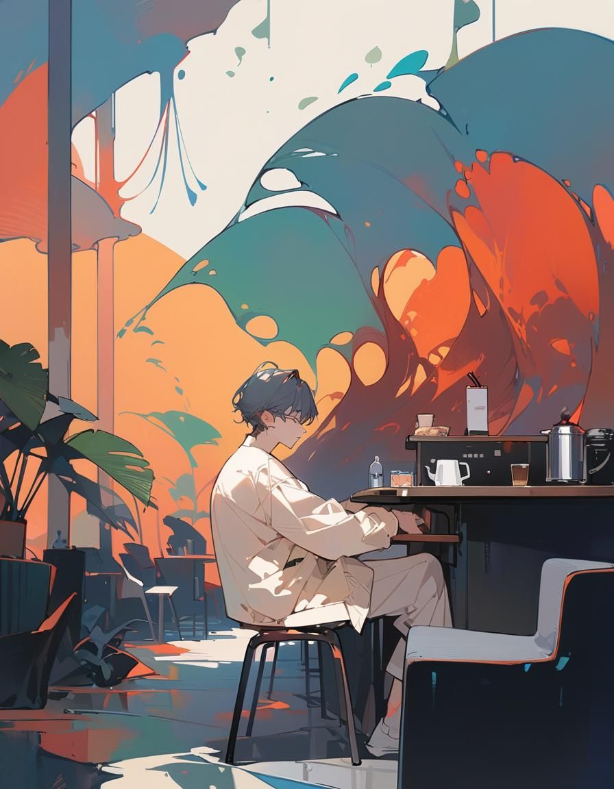 Minimalist Pastel Cafe Scene with Boy, Line Art
