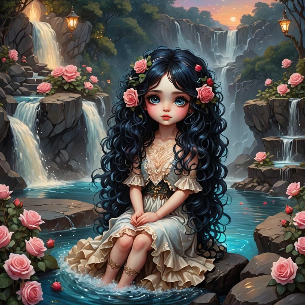 Victorian Chibi Fae with Roses, Oil Painting
