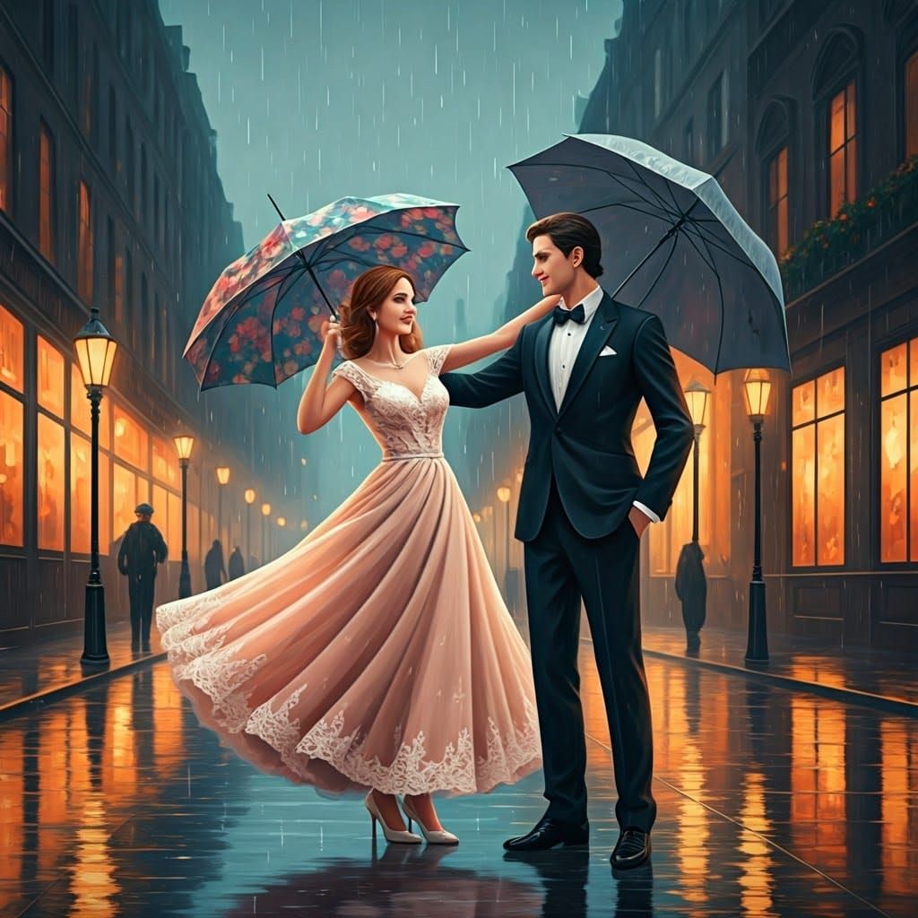 Elegant Couple Dances Under Rainy Avenue