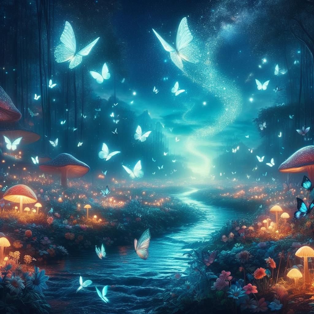 Glowing Butterflies in Glittering Forest, Fantastic Art