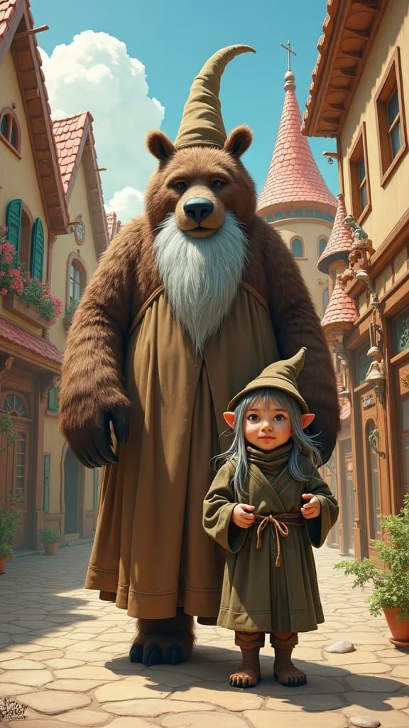 Dwarf Pilgrim and Bear in Whimsical City