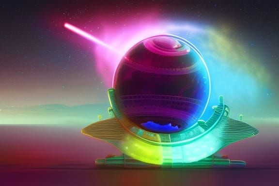 Steampunk Bioluminescent Spaceship Over Alien Planet