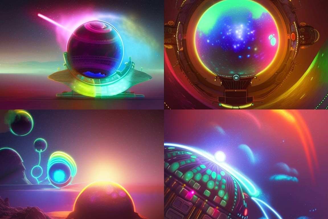 Steampunk Bioluminescent Spaceship Over Alien Planet