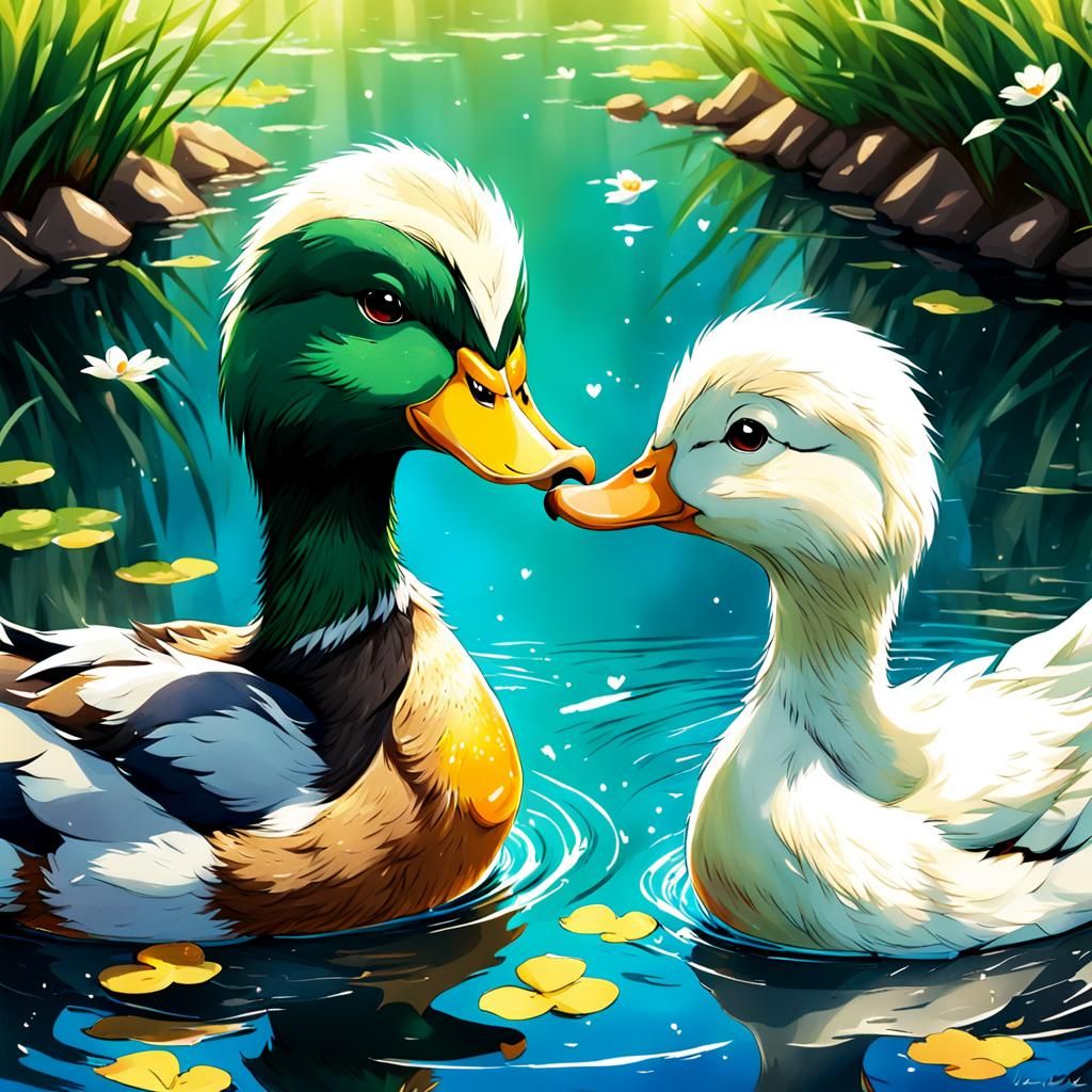 Two Ducks in Love: Anime-Style Digital Art