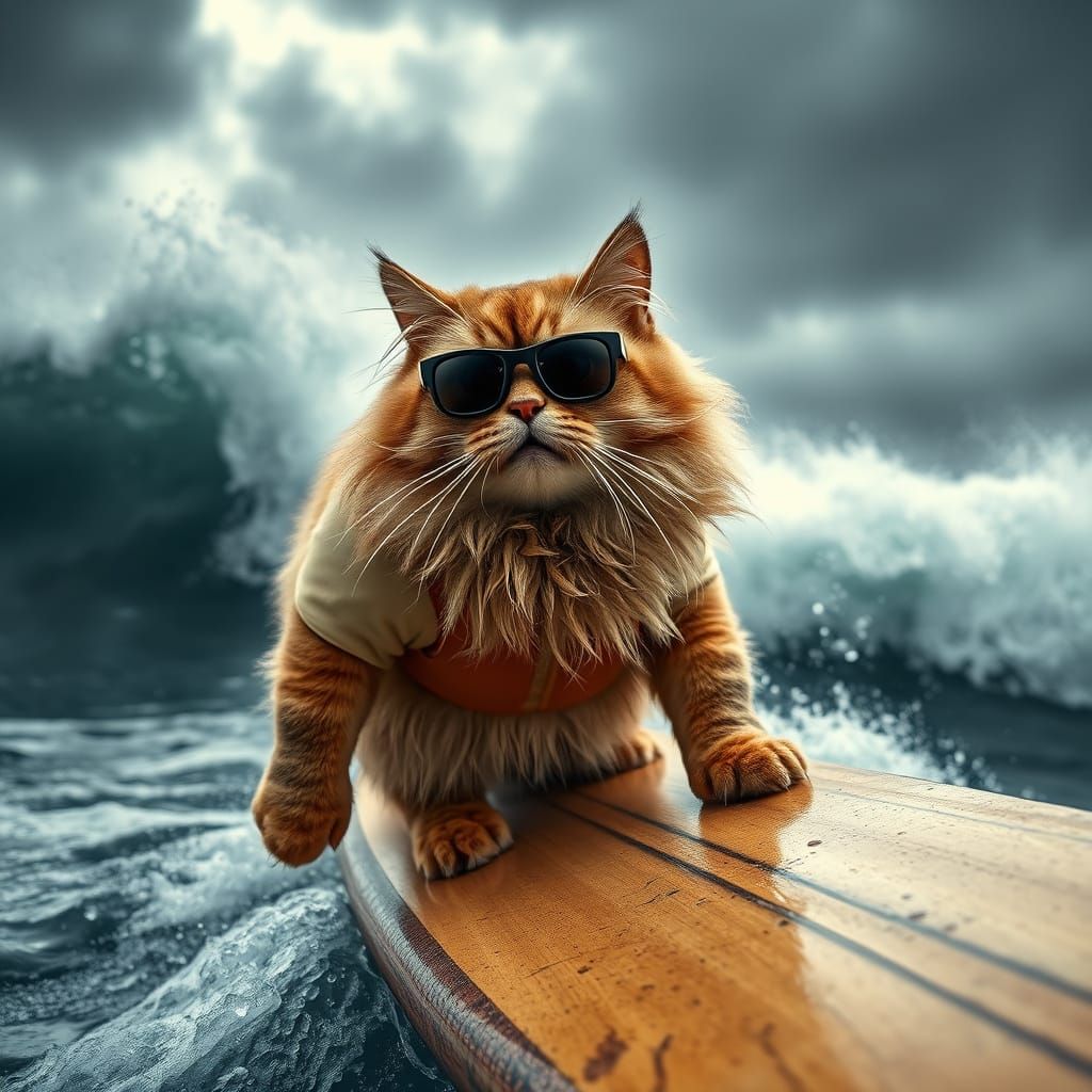 Fat Cat Rides a Stormy Wave in Hyperrealistic Style