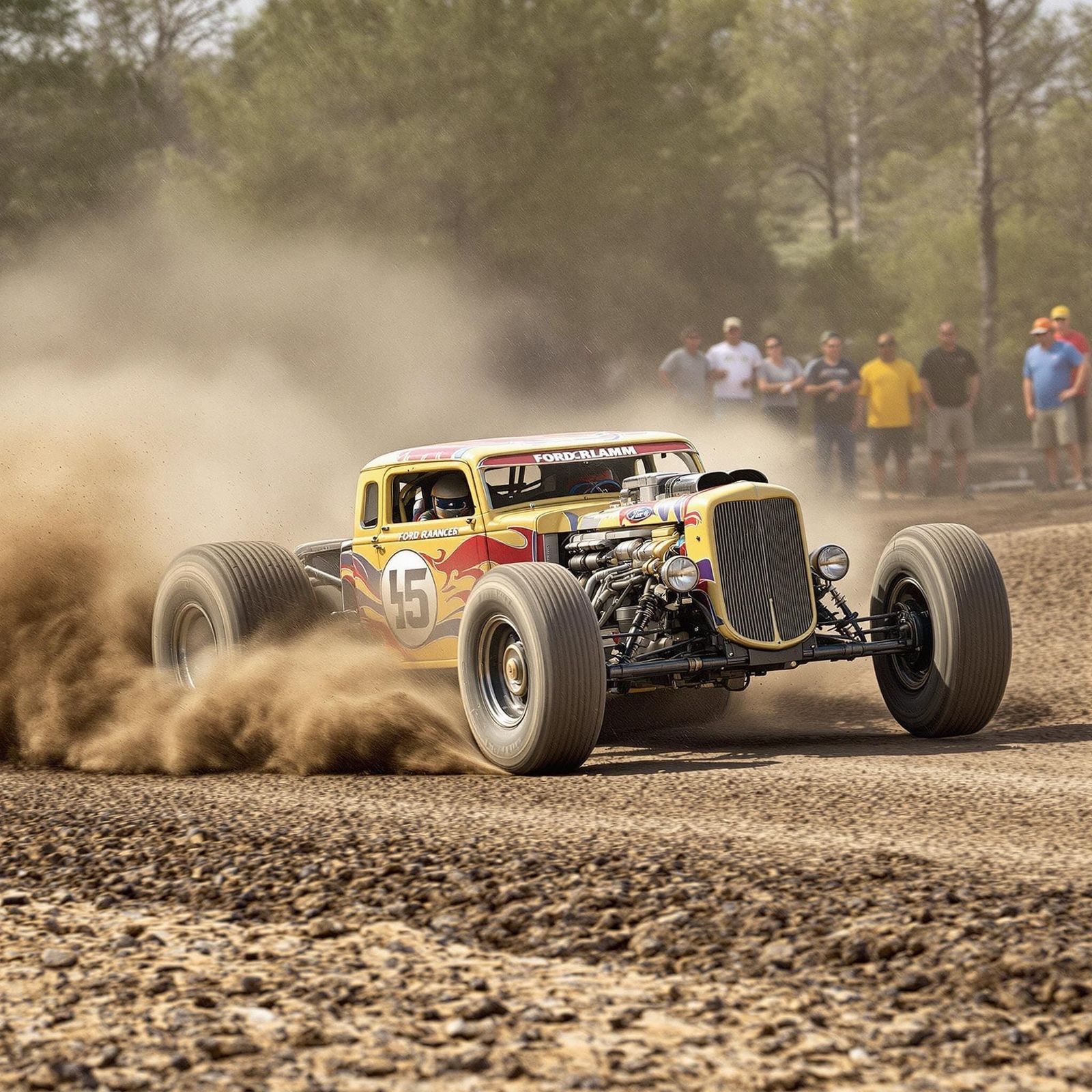 Ford Racing Banger on a Dusty Dirt Track