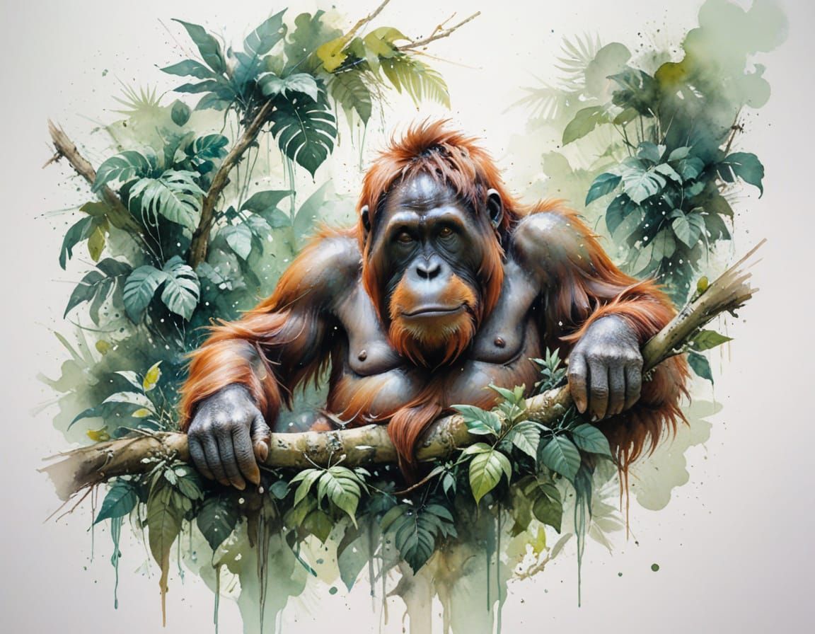Orangutan Resting on Branch in Lush Jungle, Watercolor Style