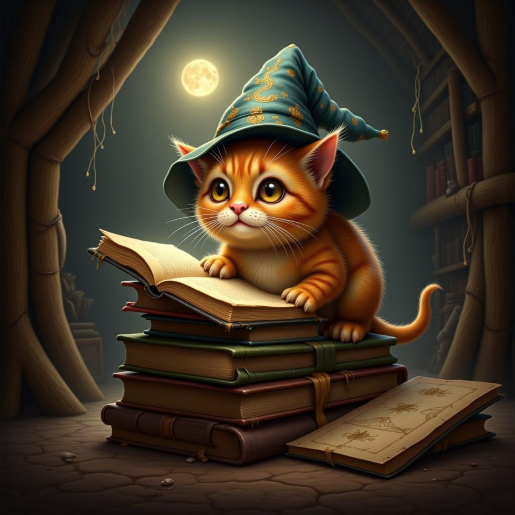 Fluffy Kitten Wizard Reads Glowing Rune in Attic