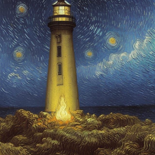 Fiery Lighthouse Under Astral Night Sky