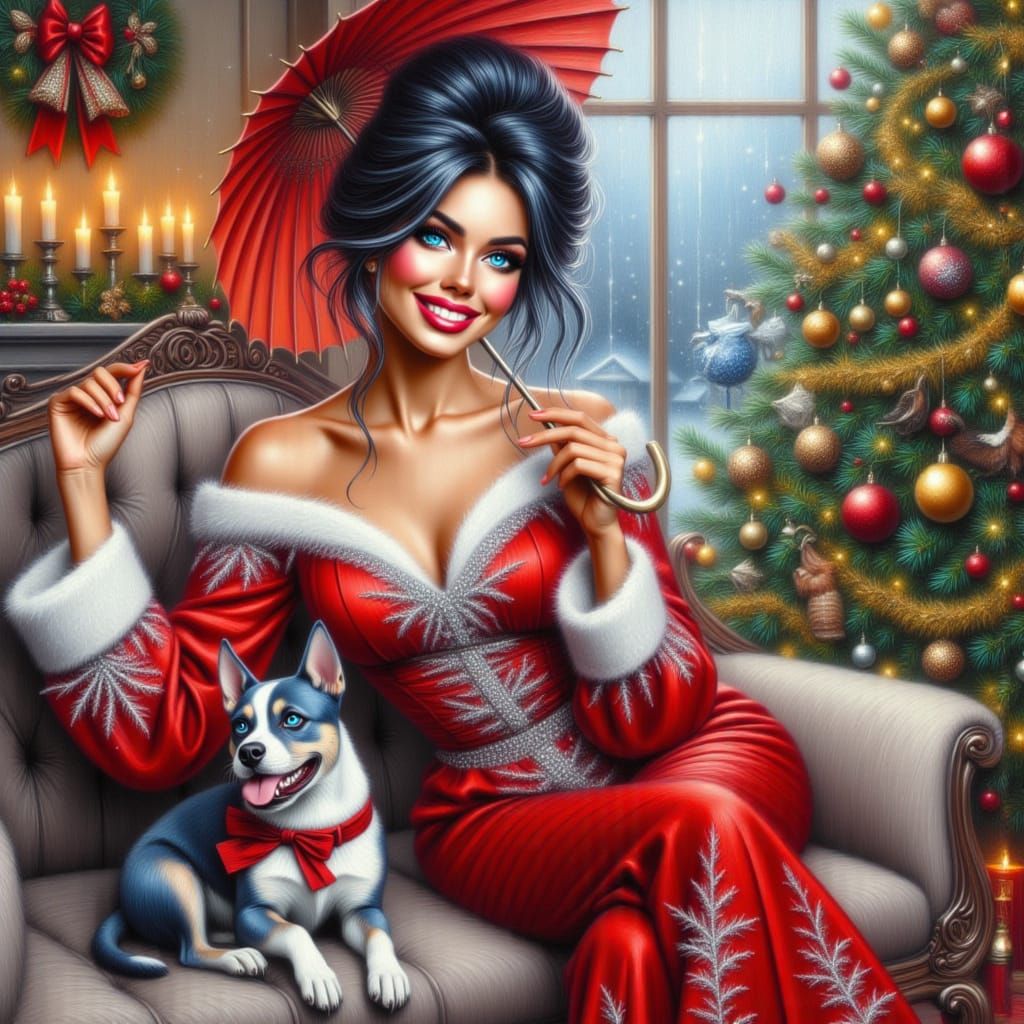 Festive Woman and Pit Bull by Christmas Tree in Impasto Styl...