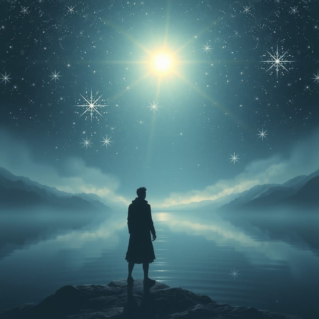 Lone Figure Under Starry Moonlit Lake
