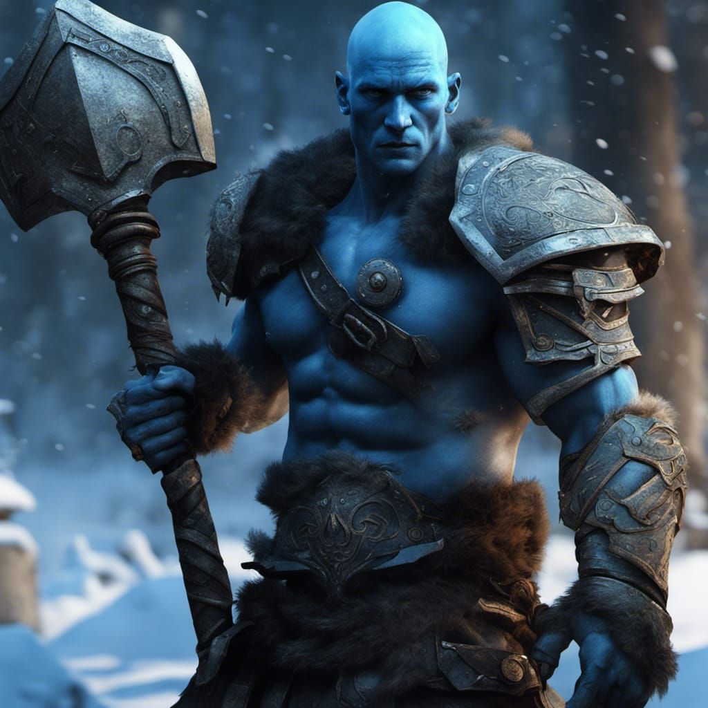 Blue Goliath Warrior in Winter, Dark Fantasy Style