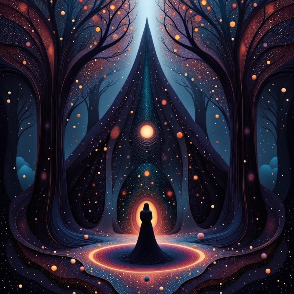 Lone Witch Tending Cauldron in Surreal Forest