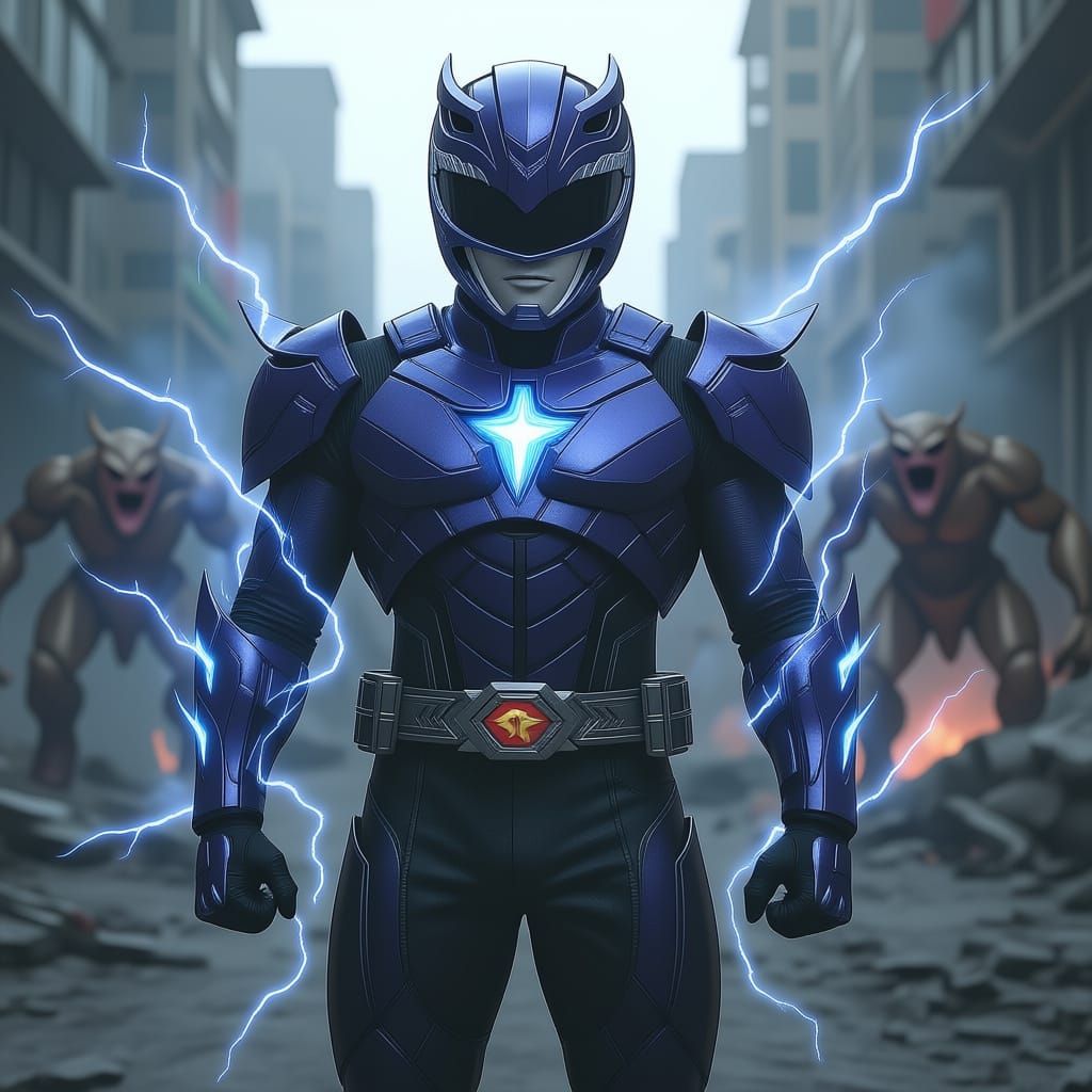 Emerald Green Power Ranger Fights Monsters in Neon City