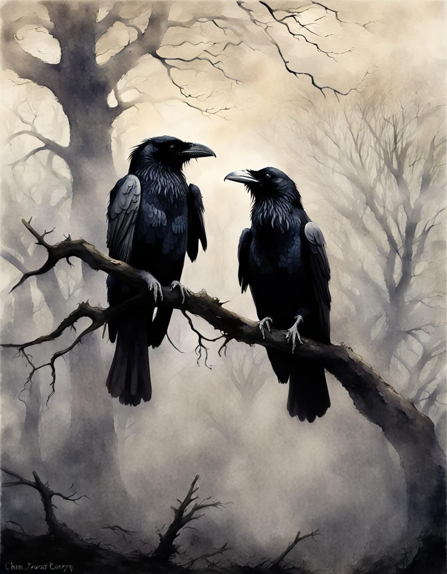 Ravens in Fog: A Chiaroscuro Watercolour