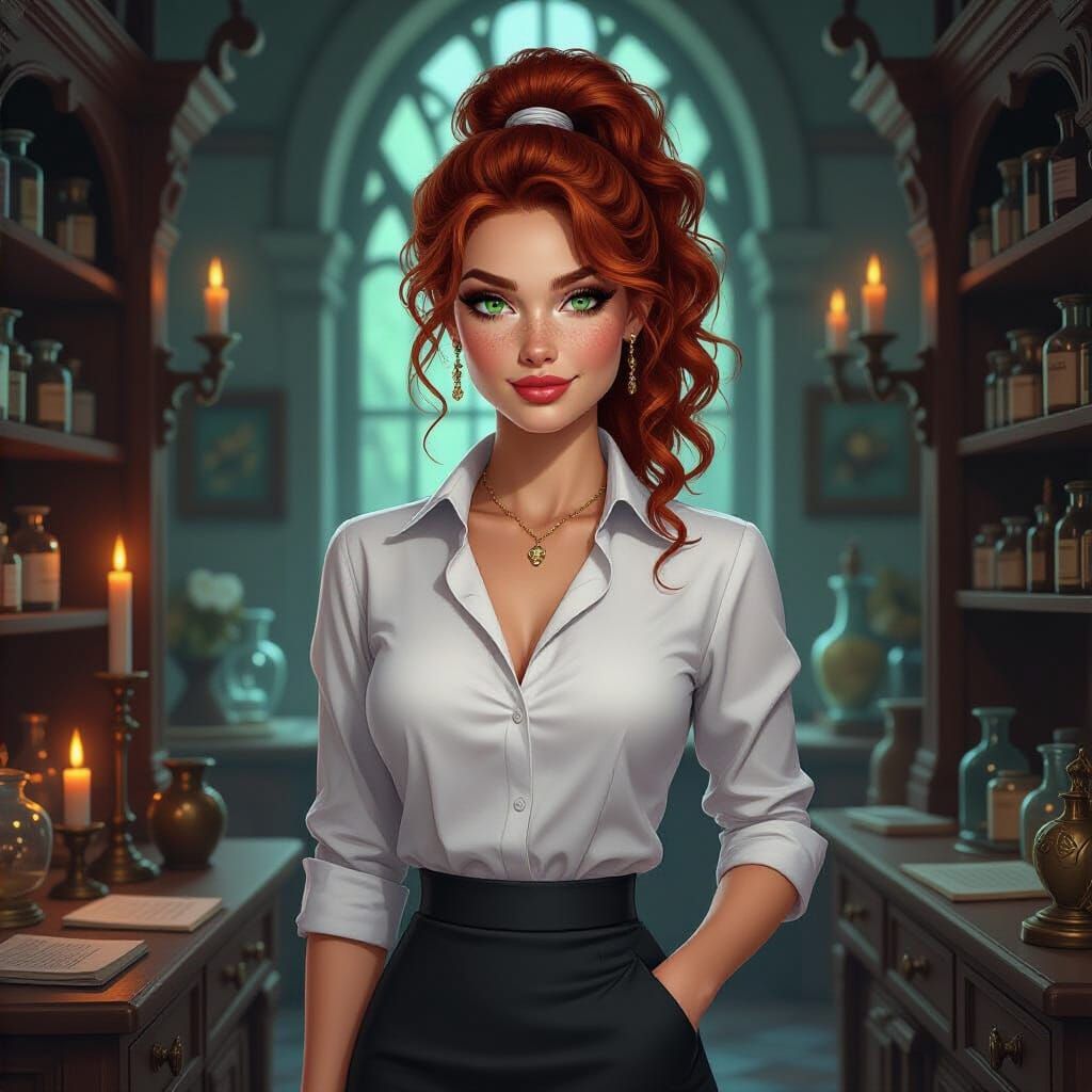 3D Rendered Woman in Fantasy Apothecary Workshop