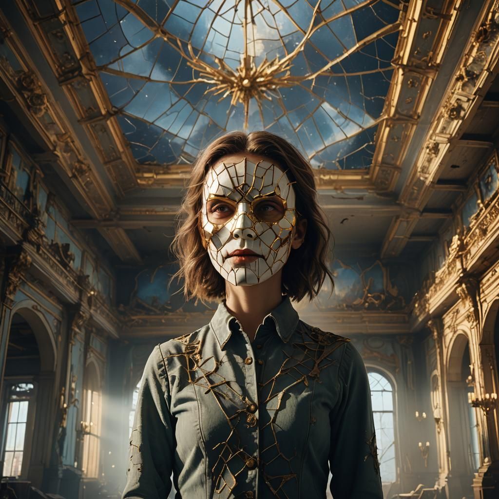 Cracked Mask Woman in Decaying Ballroom