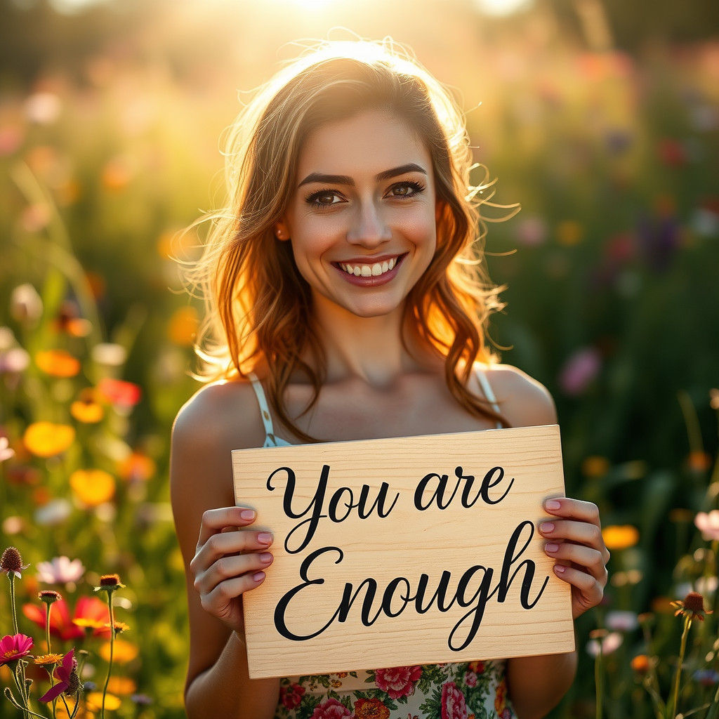 Radiant Woman Holds Affirmation Sign in Lush Meadow