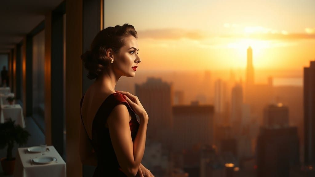 Elegant Woman Lost in Thought, 1950s Hollywood Glamour