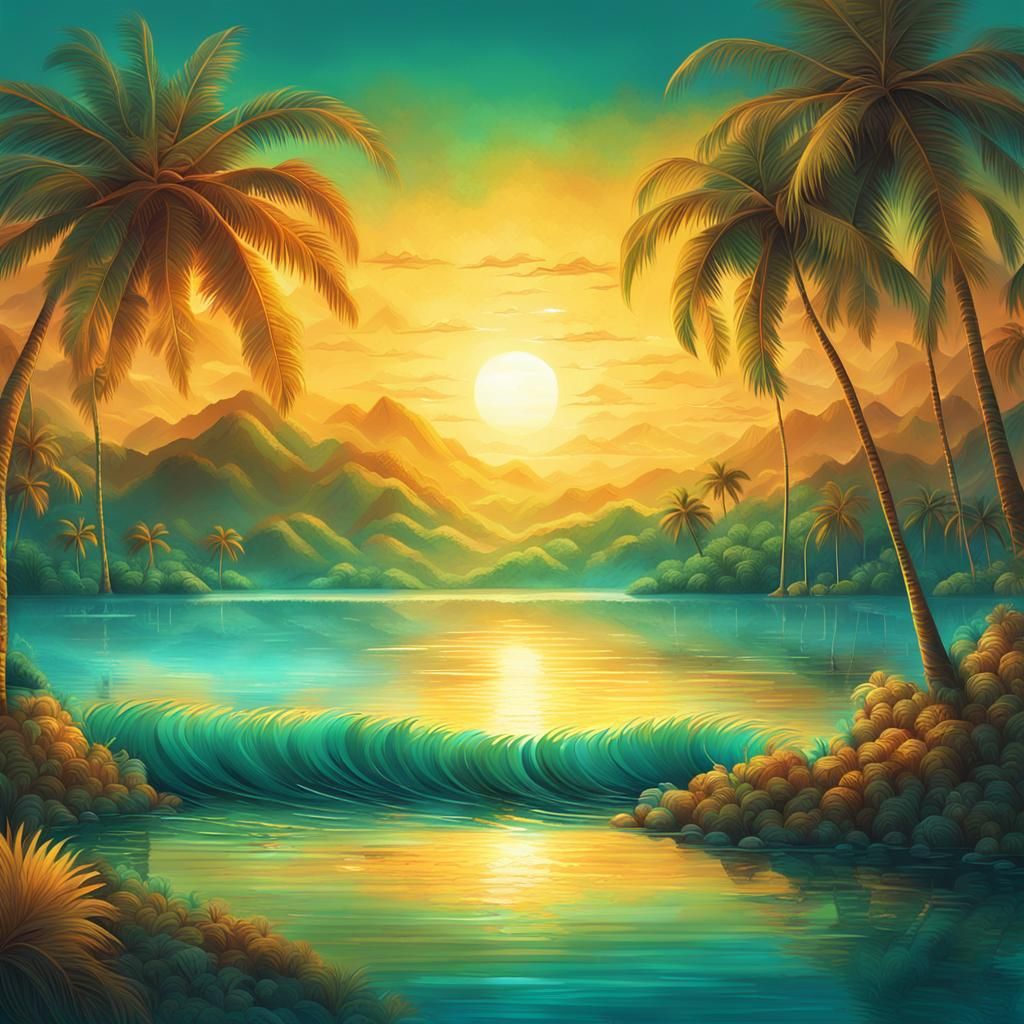 Golden Sunrise Over Turquoise Water: Fantasy Concept Art