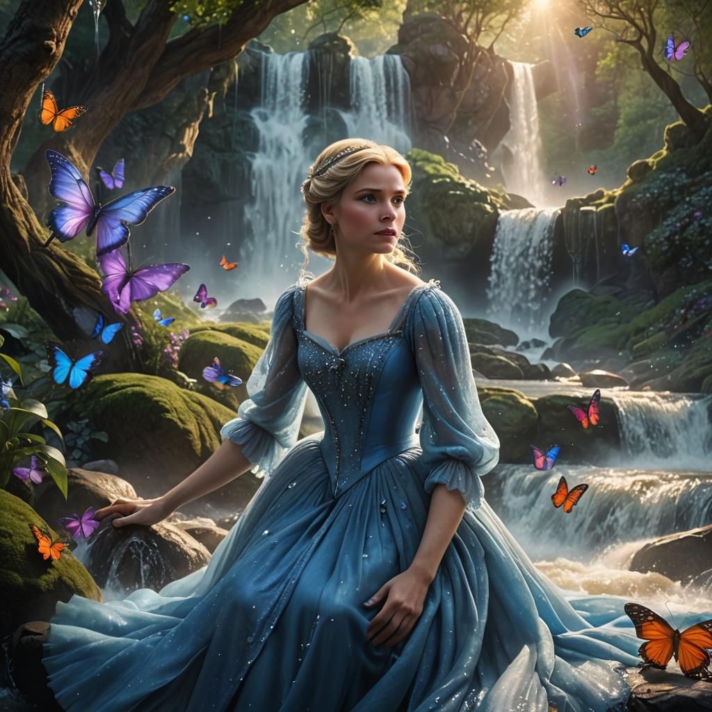Cinderella at Waterfall in Fantasy Matte Painting
